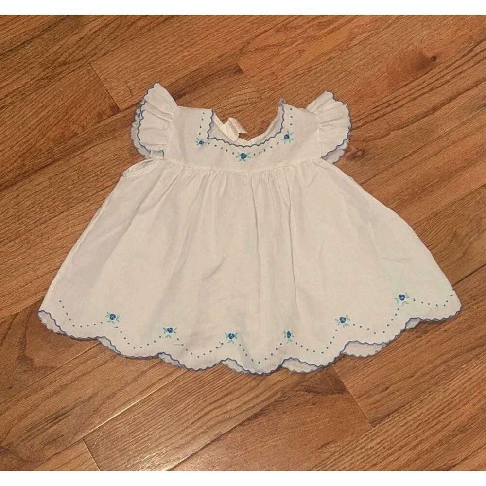 Vintage White‎ Baby Dress Blue Embroidered Floral Print Samara Cottagecore
